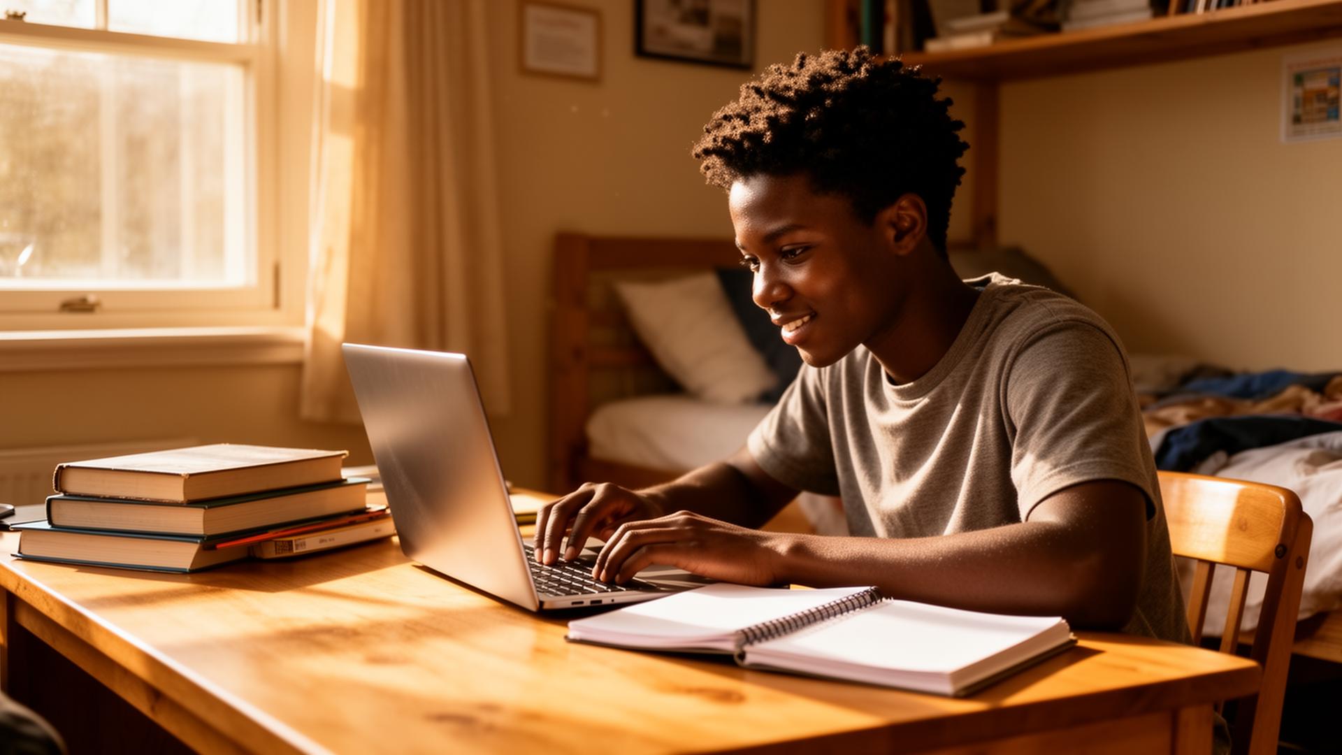 Nigerian student studying at a sunlit desk