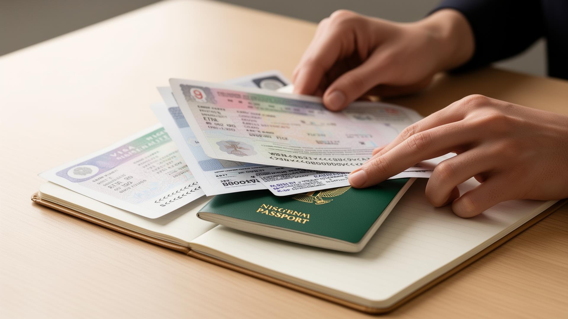 Hands organising a Nigerian passport with visa documents